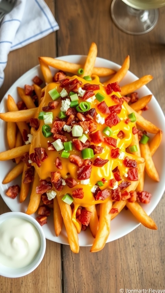 Air Fryer Loaded French Fries Recipe Loaded french fries topped with cheese, bacon, and green onions on a wooden table with sour cream.